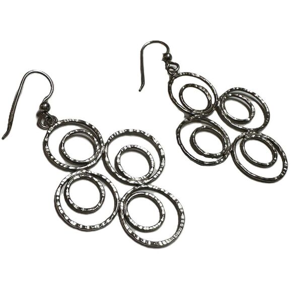 Hammered Silver Circle Dangle Earrings Geometric Modernist - Picture 1 of 4